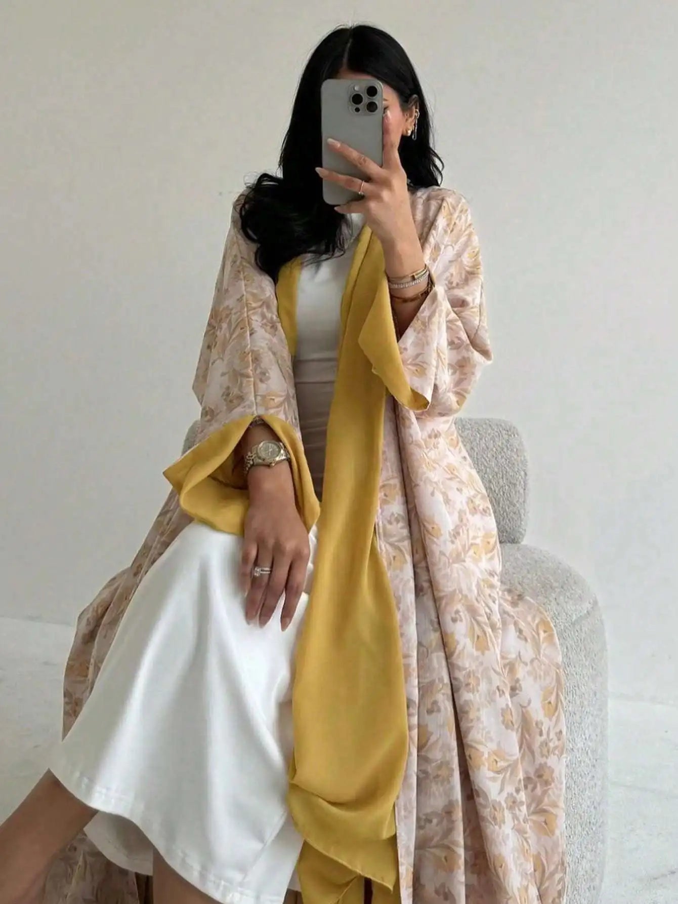 Floral Print Open-Front Abaya — Long Sleeve