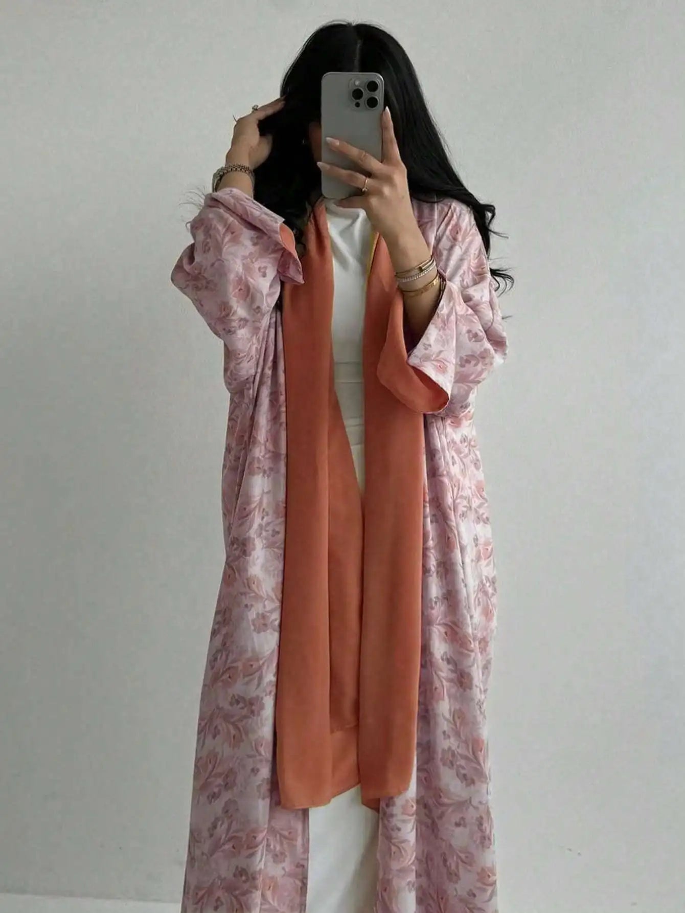 Floral Print Open-Front Abaya — Long Sleeve