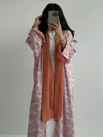 Floral Print Open-Front Abaya — Long Sleeve