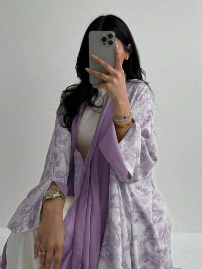 Floral Print Open-Front Abaya — Long Sleeve