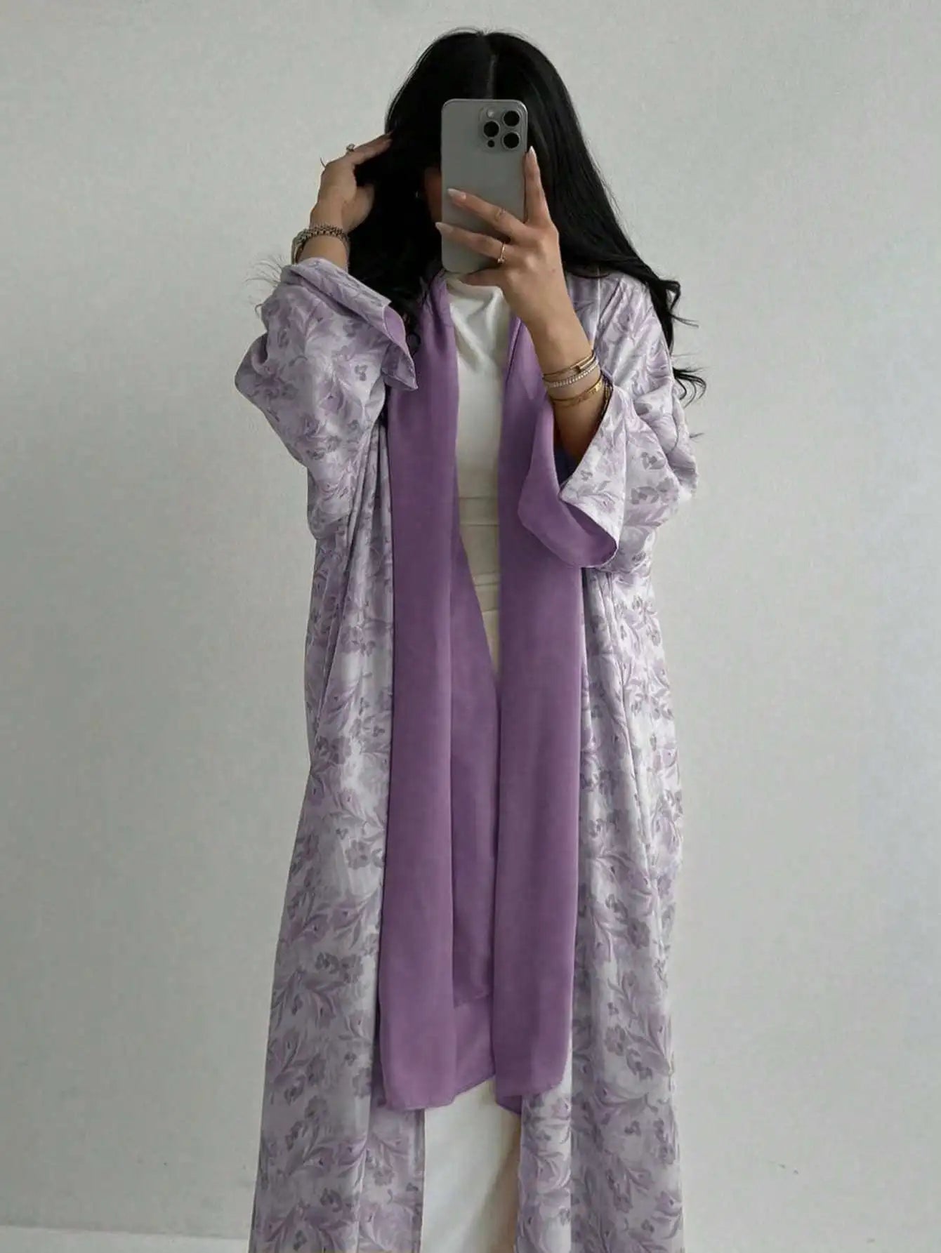 Floral Print Open-Front Abaya — Long Sleeve