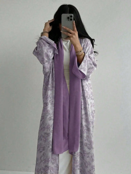 Floral Print Open-Front Abaya — Long Sleeve