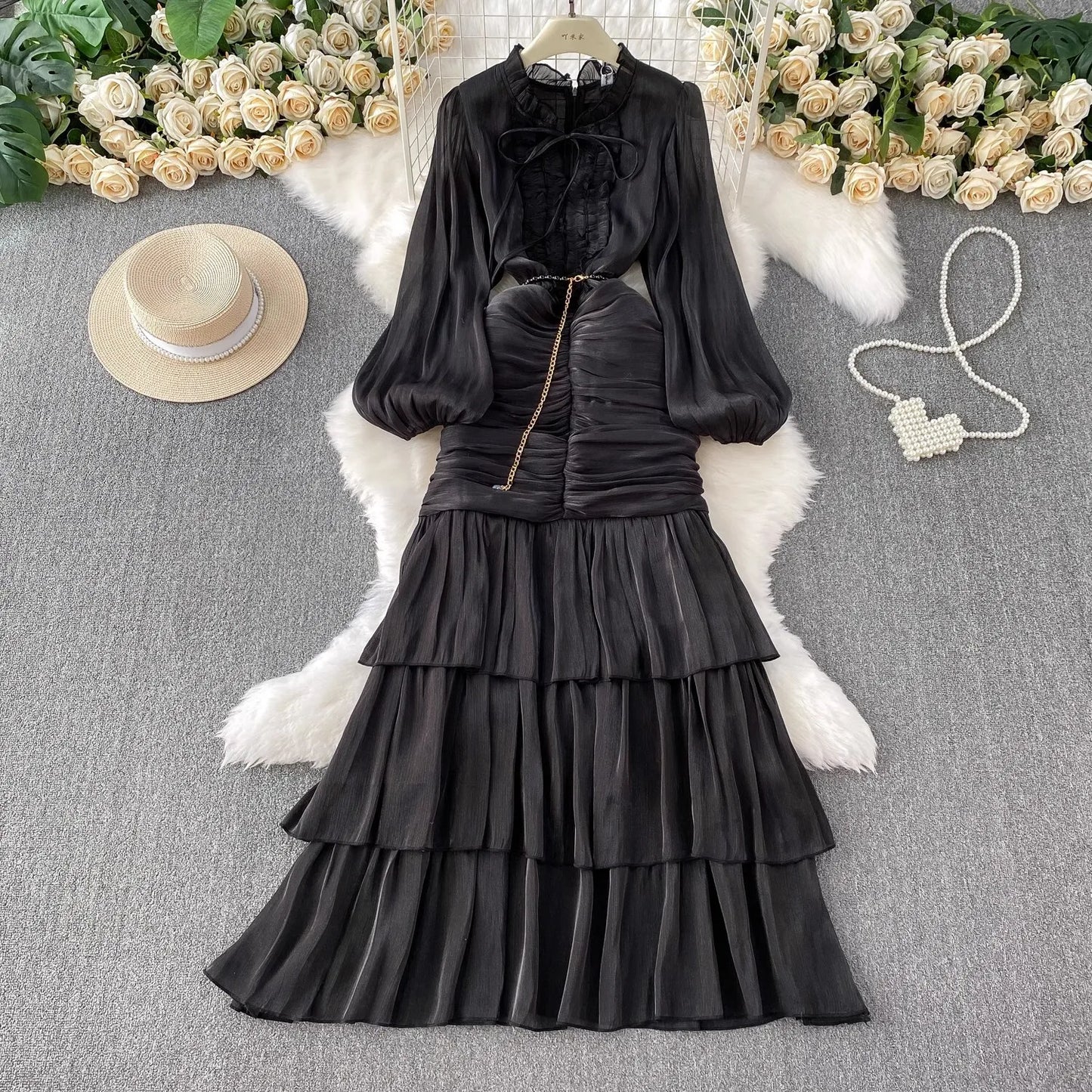 Ruffle Puff Sleeve Mermaid Dress — Evening