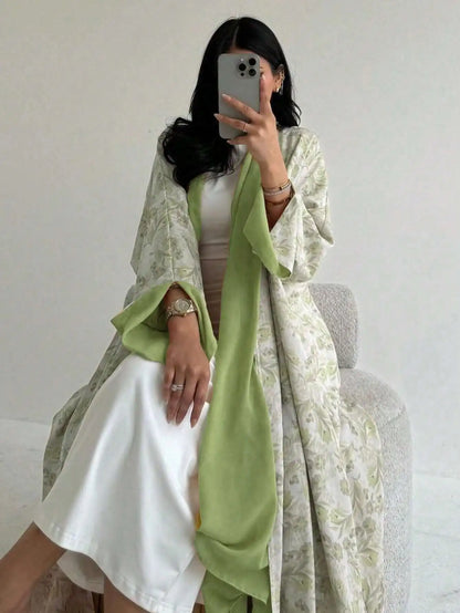 Floral Print Open-Front Abaya — Long Sleeve