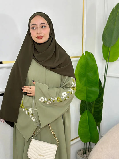 Embroidered Zipper Abaya Robe — Green