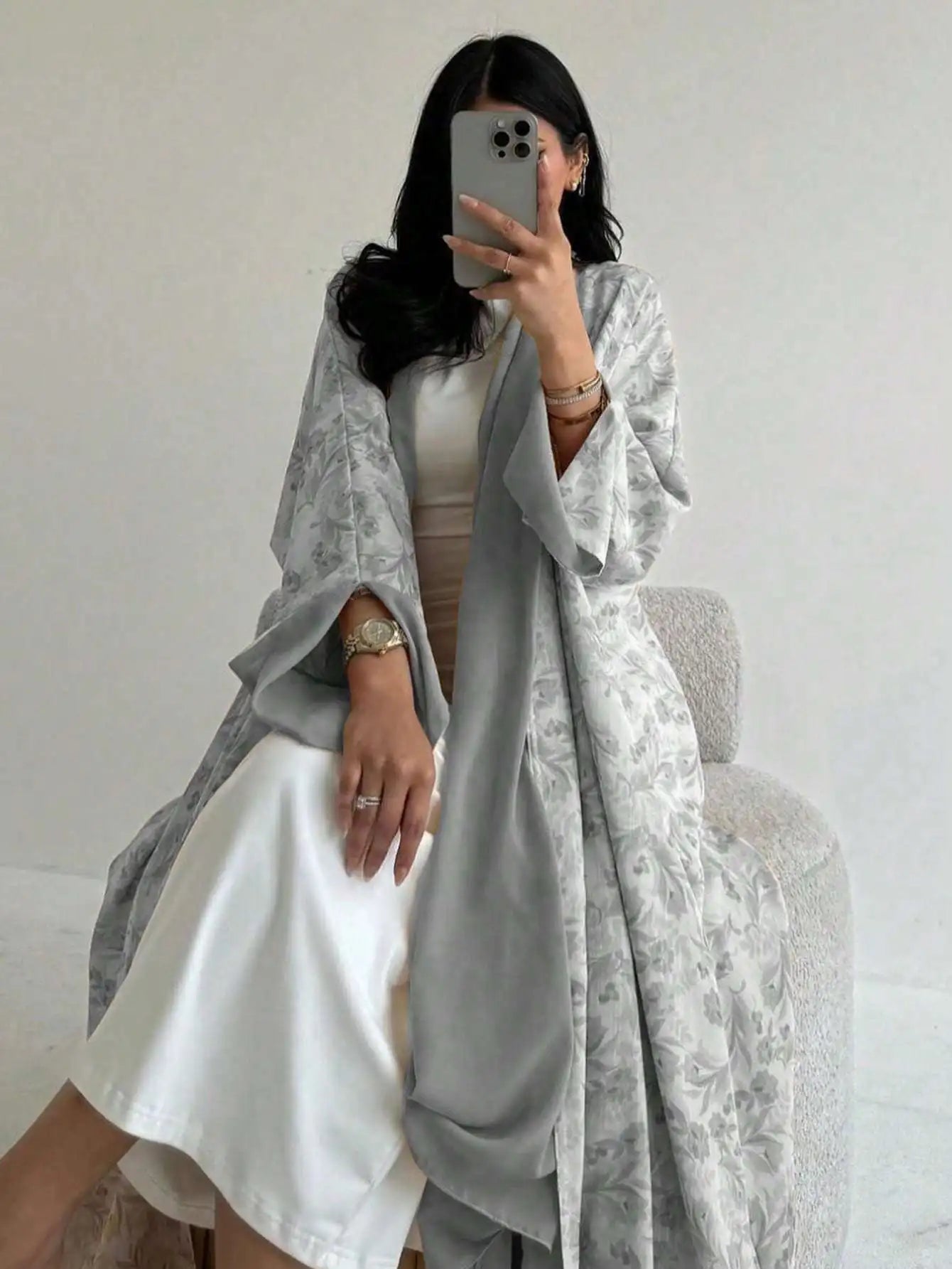 Floral Print Open-Front Abaya — Long Sleeve