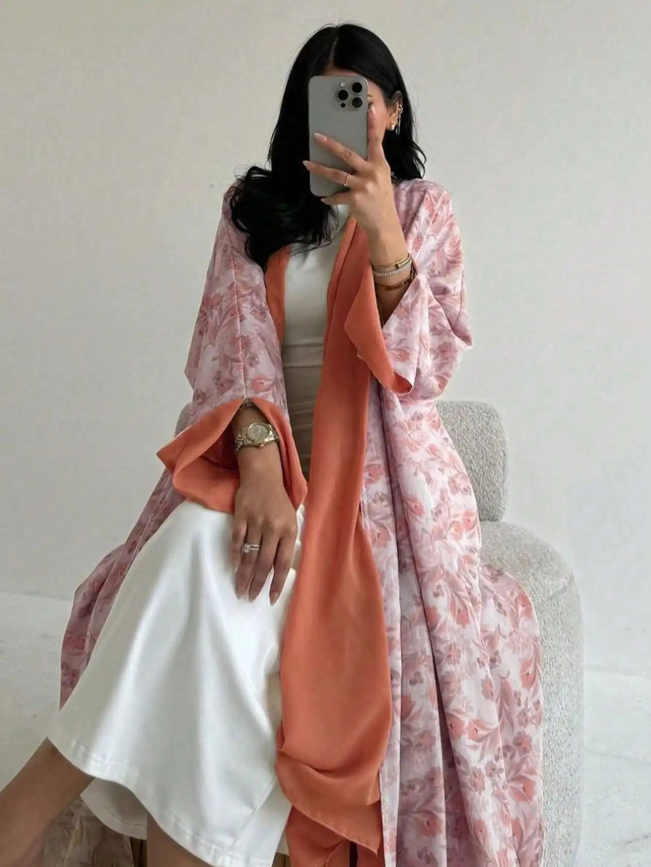 Floral Print Open-Front Abaya — Long Sleeve
