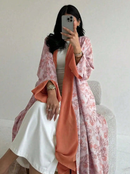 Floral Print Open-Front Abaya — Long Sleeve