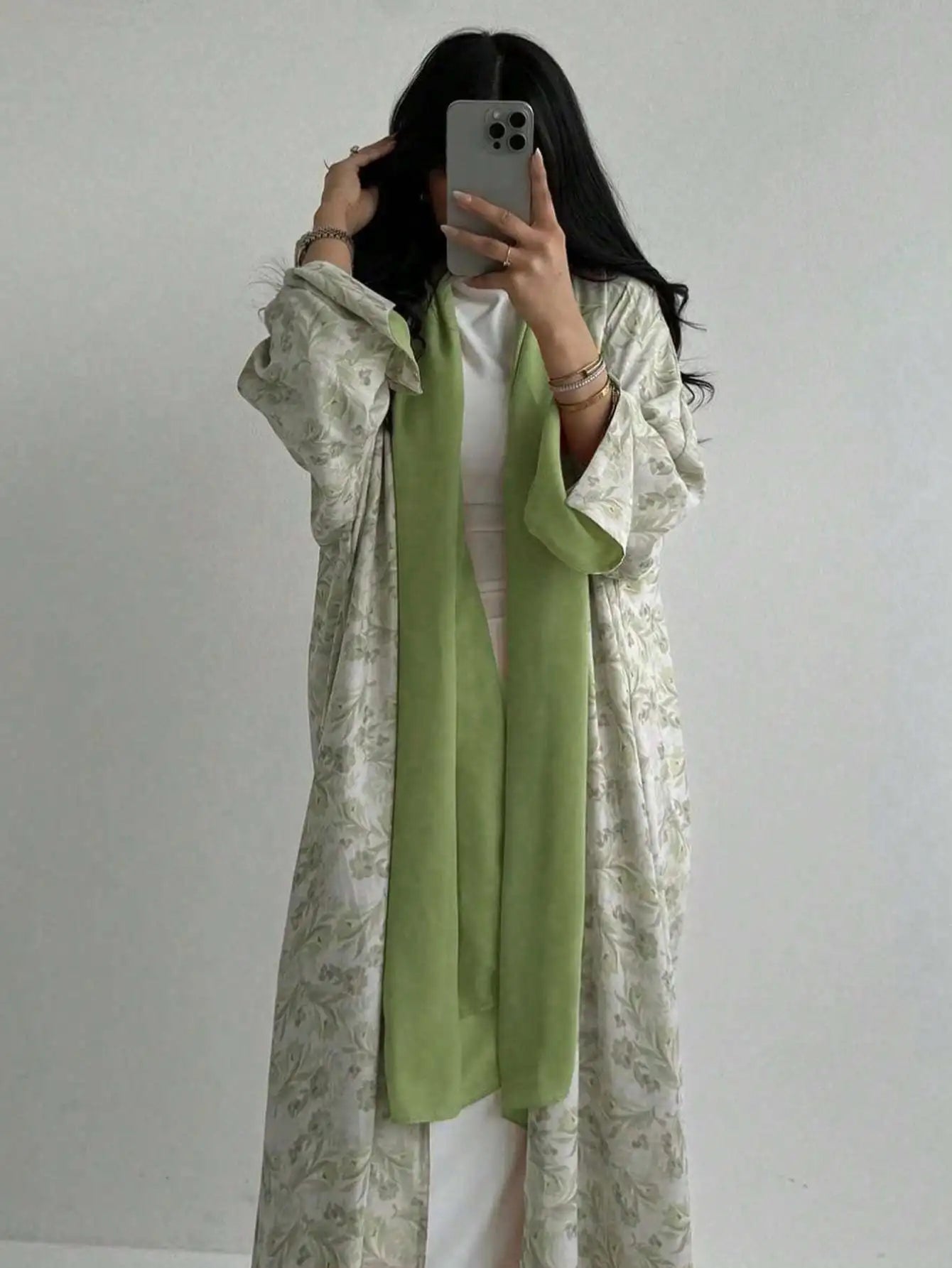 Floral Print Open-Front Abaya — Long Sleeve