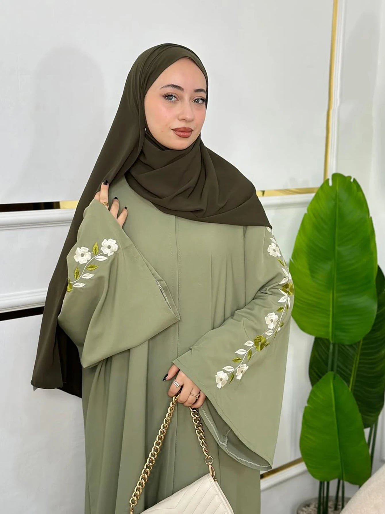 Embroidered Zipper Abaya Robe — Green