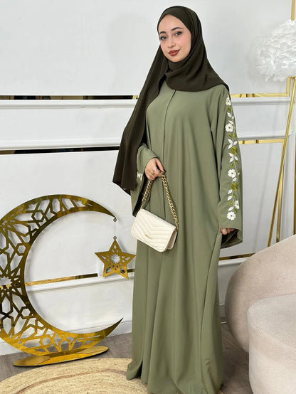 Embroidered Zipper Abaya Robe — Green