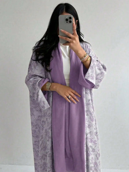 Floral Print Open-Front Abaya — Long Sleeve