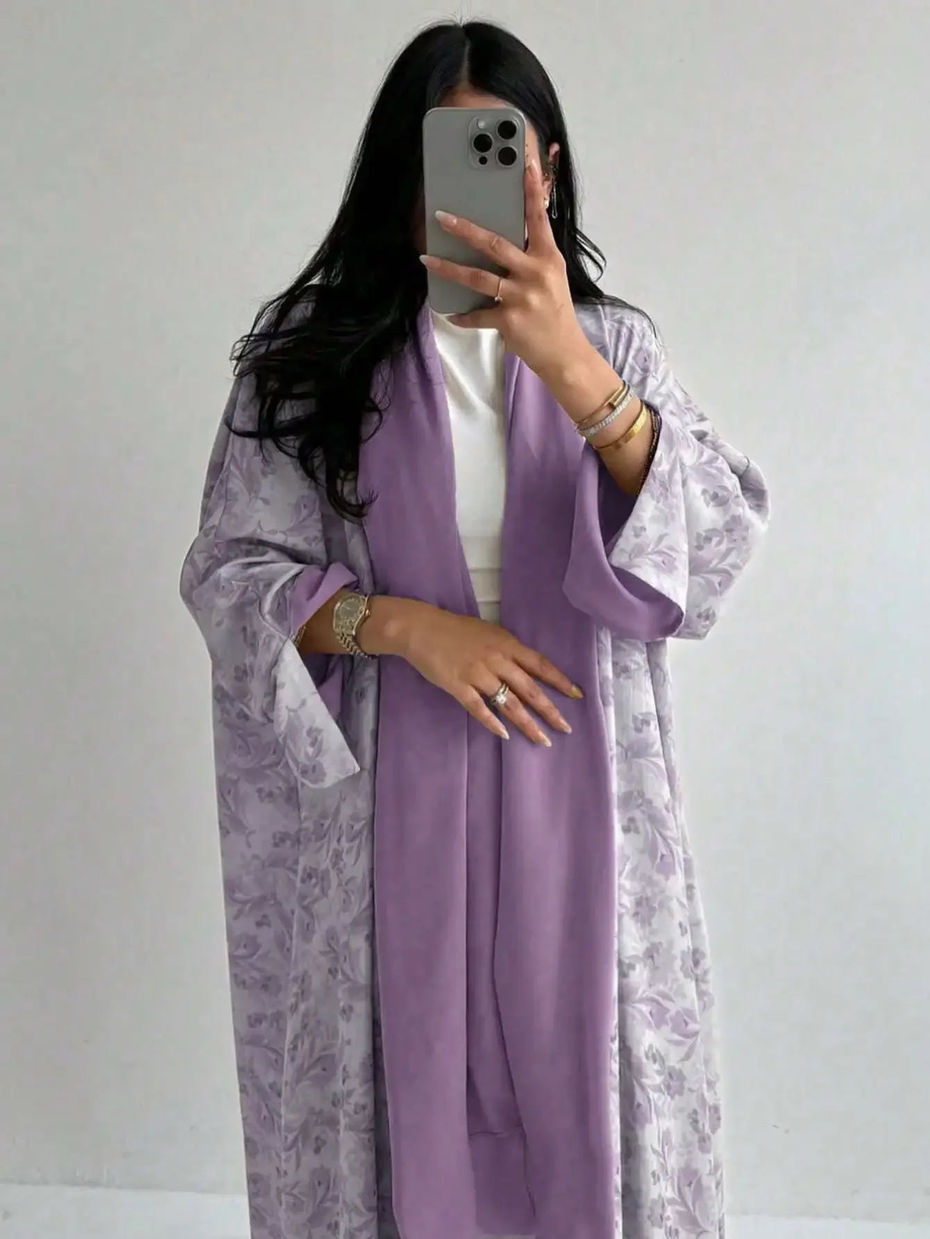 Floral Print Open-Front Abaya — Long Sleeve